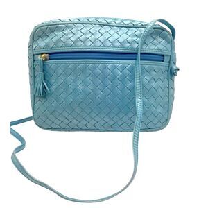 Auth Bottega Veneta Metallic Blue Intreciatto Camera Crossbody Shoulder Bag